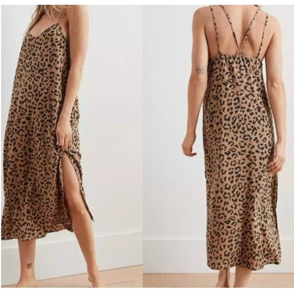 Aerie  Leopard Print V-Neck Strappy Beachy Midi Slip Dress Sz XS Semi Sheer